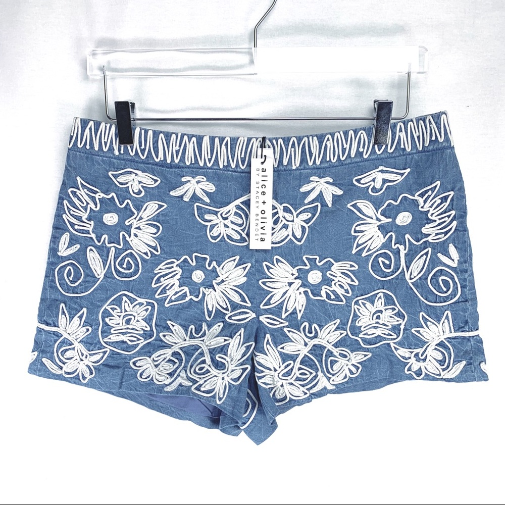 Alice+Olivia Marisa Embroidered Chambray Shorts